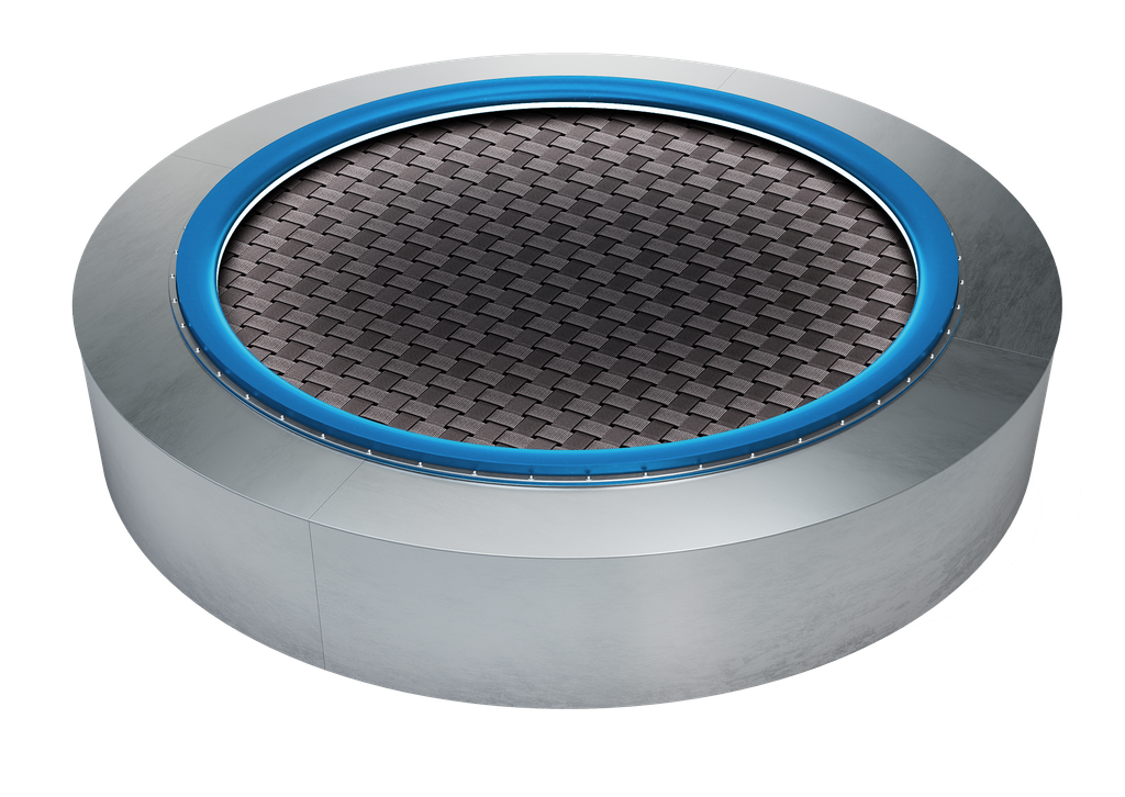 C150SL trampoline with dark woven mat, metal surround and blue edging